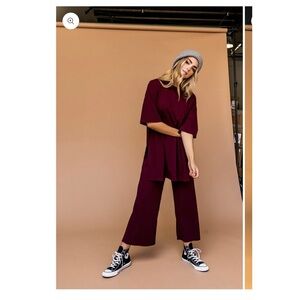 Dressed in LALA Lex Ribbed Playsuit in wine